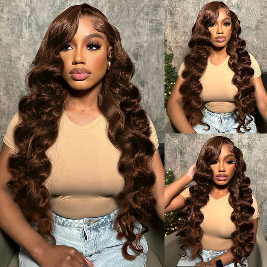Deep Wave Chocolate Brown 13x4 Transparent Lace Frontal Wigs Human Hair 34 Inch 250% Density Loose Deep Curly Brown Colored Wig