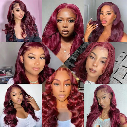 250% Density 99j Human Hair Wig 34 Inch Burgundy 13x4 HD Lace Frontal Body Wave Human Hair Wigs 100% Brazilian Human Hair