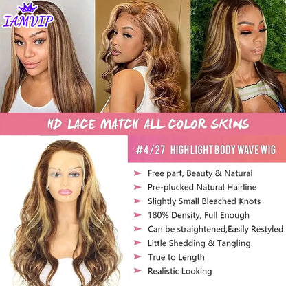 13x4 13x6 Hd Highlight Body Wave Lace Front Wig For Women Remy P4/27 Ombre Human Hair Lace Frontal Human Hair Wigs Choice Glue