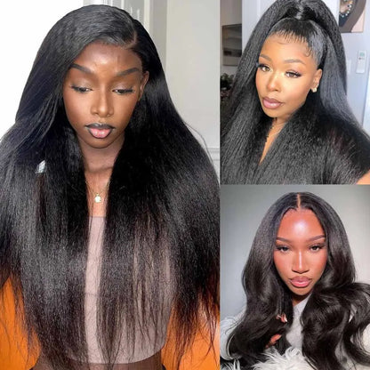 13x4 Kinky Straight Lace Front Human Hair Wig With Kinky Edges Baby Hair Glueless Yaki Straight HD Lace Frontal Wig 250% Denisty