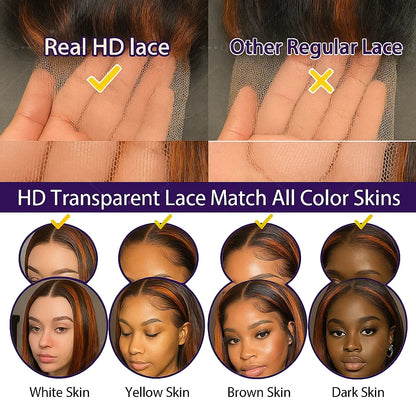 200% Density Ginger Brown Highlight Wig Human Hair Body Wave Lace Front Wigs Pre Plucked Ombre P1B/4 Ginger Orange Colored Wigs