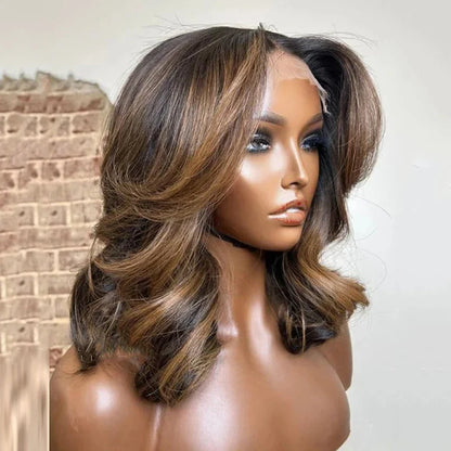 4/27 Highlight 13*4 Body Wave Glueless Closure100% Human Hair Frontal Wigs Ombre Brown Mix Blonde Water Wave Short Bob Wig