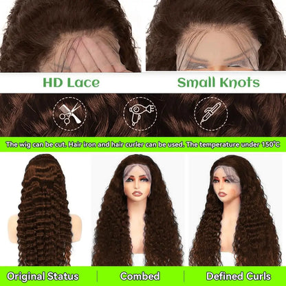 Chocolate Brown HD Lace Front Wigs Human Hair 200% Density Curly Lace Front Wigs Human Hair Deep Wave Wigs Human Hair For Women