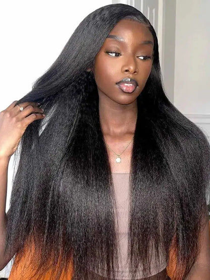 13x4 Kinky Straight Lace Front Human Hair Wig With Kinky Edges Baby Hair Glueless Yaki Straight HD Lace Frontal Wig 250% Denisty