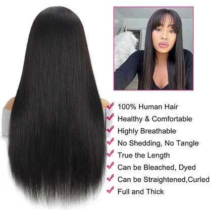 Straight Human Hair Wis 34 Inche Wigs With Bangs 3x1 Full Machine Made Human Hair Wigs For Women Natural Color 220% Density