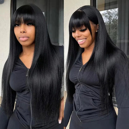 Straight Human Hair Wis 34 Inche Wigs With Bangs 3x1 Full Machine Made Human Hair Wigs For Women Natural Color 220% Density