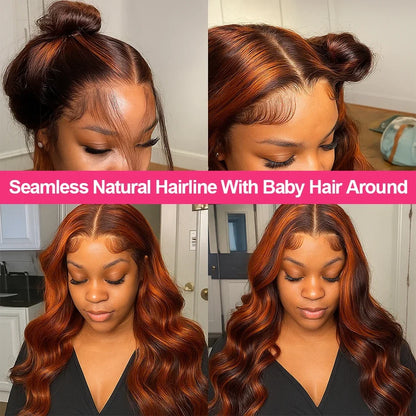 200% Density Ginger Brown Highlight Wig Human Hair Body Wave Lace Front Wigs Pre Plucked Ombre P1B/4 Ginger Orange Colored Wigs